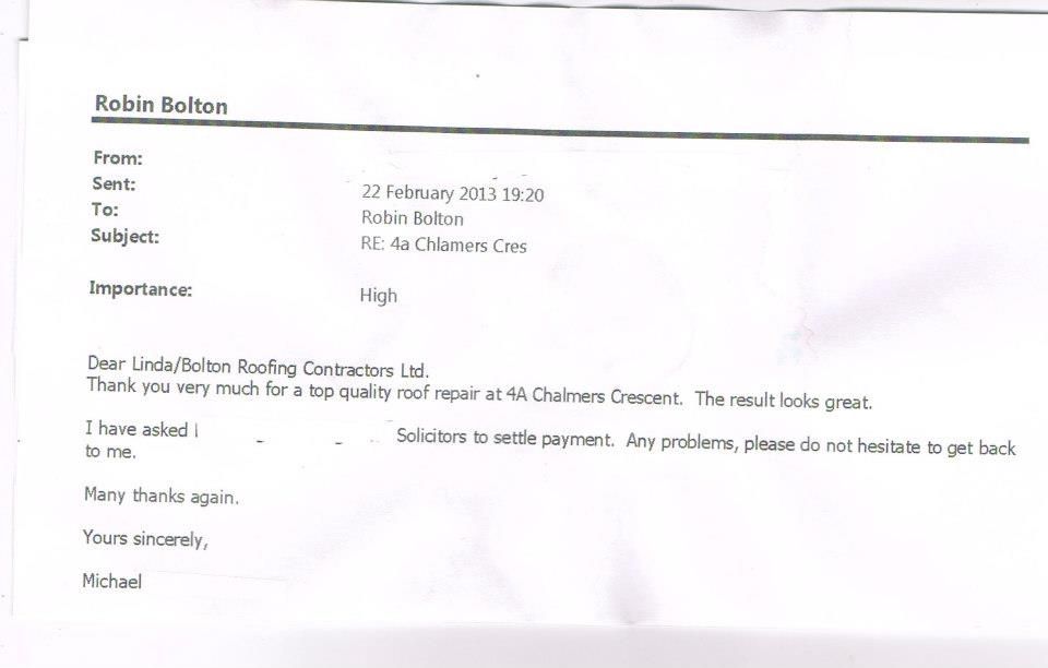 Testimonials for Bolton Roofing Contractors Limited in Edinburgh