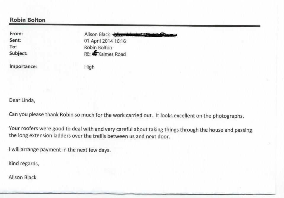 Testimonials for Bolton Roofing Contractors Limited in Edinburgh